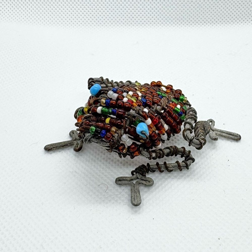 Unique Colorful Beaded Wire Frog Toad Sculpture with blue eyes